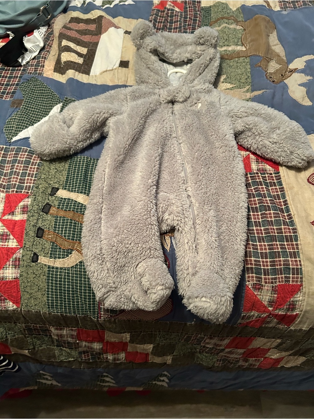 Carter's Light Gray Plush Bear Hooded Baby One-Piece Footie